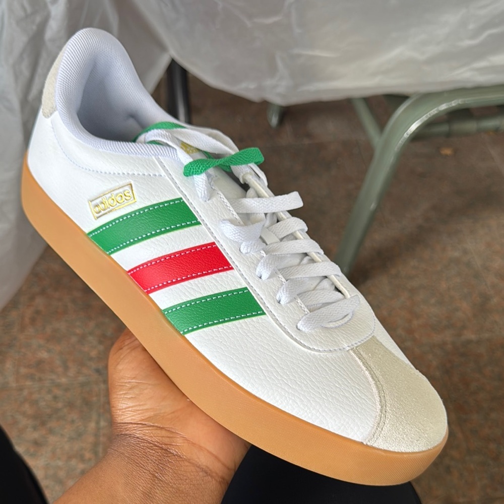 Adidas White Sneakers with Green and Red Accents